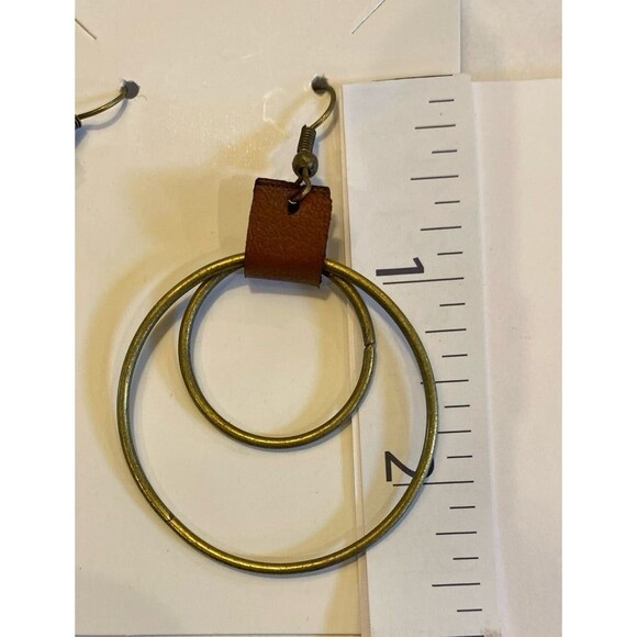 Hoop Earrings Leather Tarnished Gold Hoops Dangle Drop Boho Chic Hippie Vibe - Picture 3 of 5